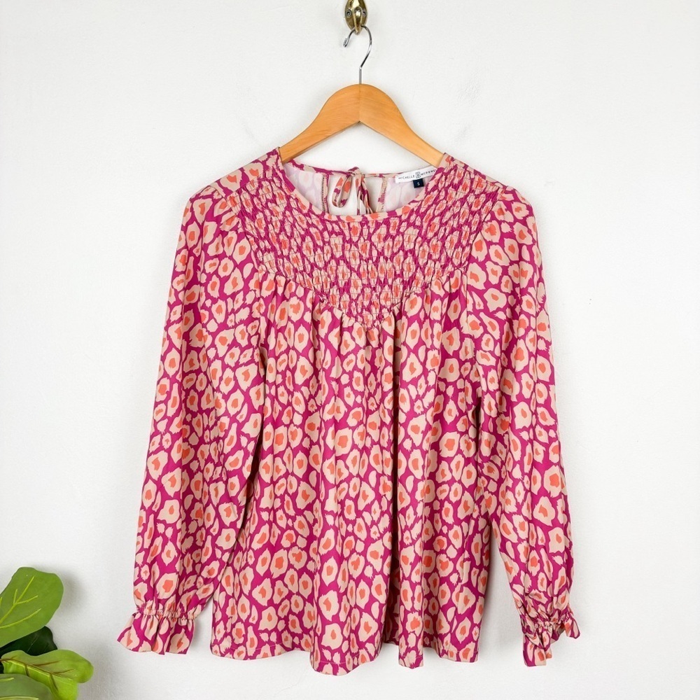Michelle McDowell Pink Leopard Print Smocked Blouse Sz S - Picture 3 of 10